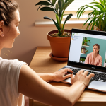 **Prompt:** A person comfortably using a laptop for an online therapy session at home, emphasizing accessibility and convenience. Soft, warm lighting, a calming background with plants, and a friendly therapist on the screen. The overall mood is positive and supportive, highlighting the benefits of online therapy.