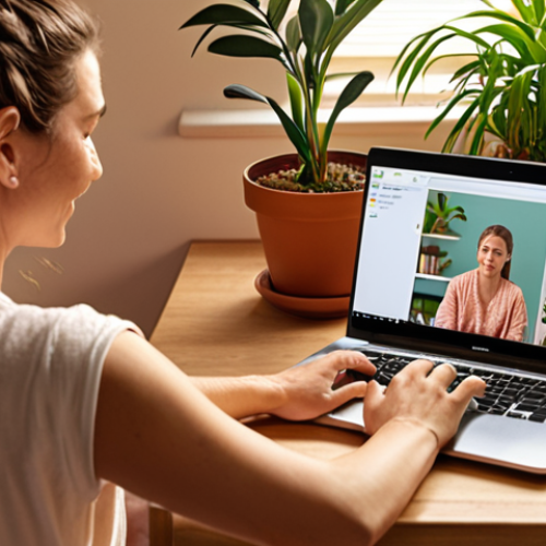 Home 15 **Prompt:** A person comfortably using a laptop for an online therapy session at home, emphasizing accessibility and convenience. Soft, warm lighting, a calming background with plants, and a friendly therapist on the screen. The overall mood is positive and supportive, highlighting the benefits of online therapy.