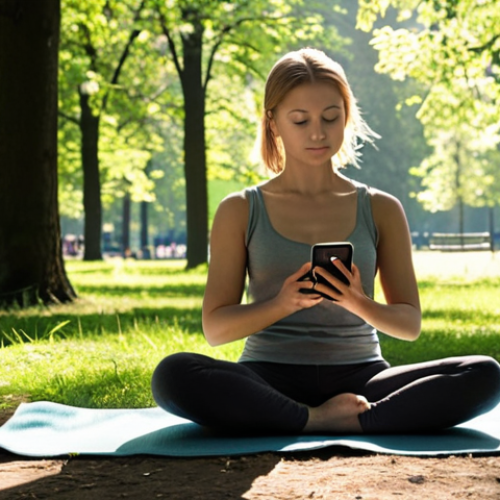 Home 14 **
A person sitting cross-legged in a park, meditating with a smartphone displaying a mindfulness app in their hands. Sunlight filters through the trees. The scene should evoke a sense of calm and connection with nature, but also highlight the integration of technology. Include elements of a typical German park scene, such as specific tree types or park benches common in Germany.
**
