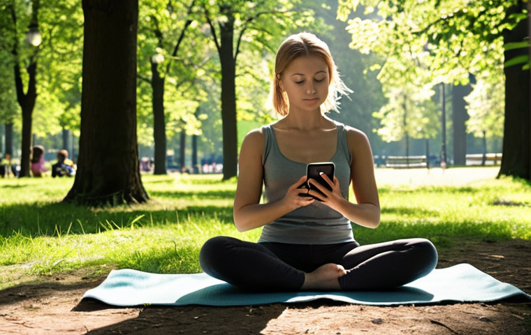 **
A person sitting cross-legged in a park, meditating with a smartphone displaying a mindfulness app in their hands. Sunlight filters through the trees. The scene should evoke a sense of calm and connection with nature, but also highlight the integration of technology. Include elements of a typical German park scene, such as specific tree types or park benches common in Germany.
**