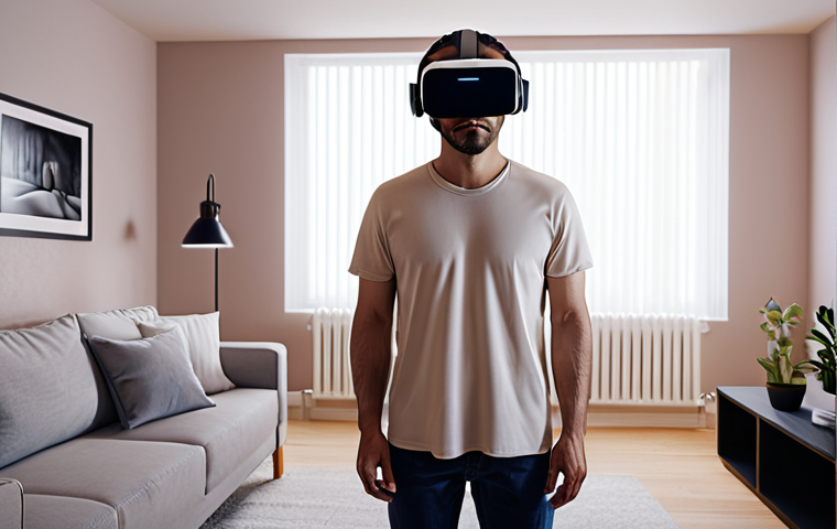 **

A person wearing a VR headset, standing in a realistically rendered virtual living room. The scene depicts a therapy session, with a calming, modern aesthetic. Soft, diffused lighting emphasizes relaxation and immersion. The person appears calm and focused, interacting with a virtual environment displayed on the headset.
Prompt: VR therapy session, virtual living room, calm lighting, person wearing headset, modern aesthetic, therapeutic setting.

**