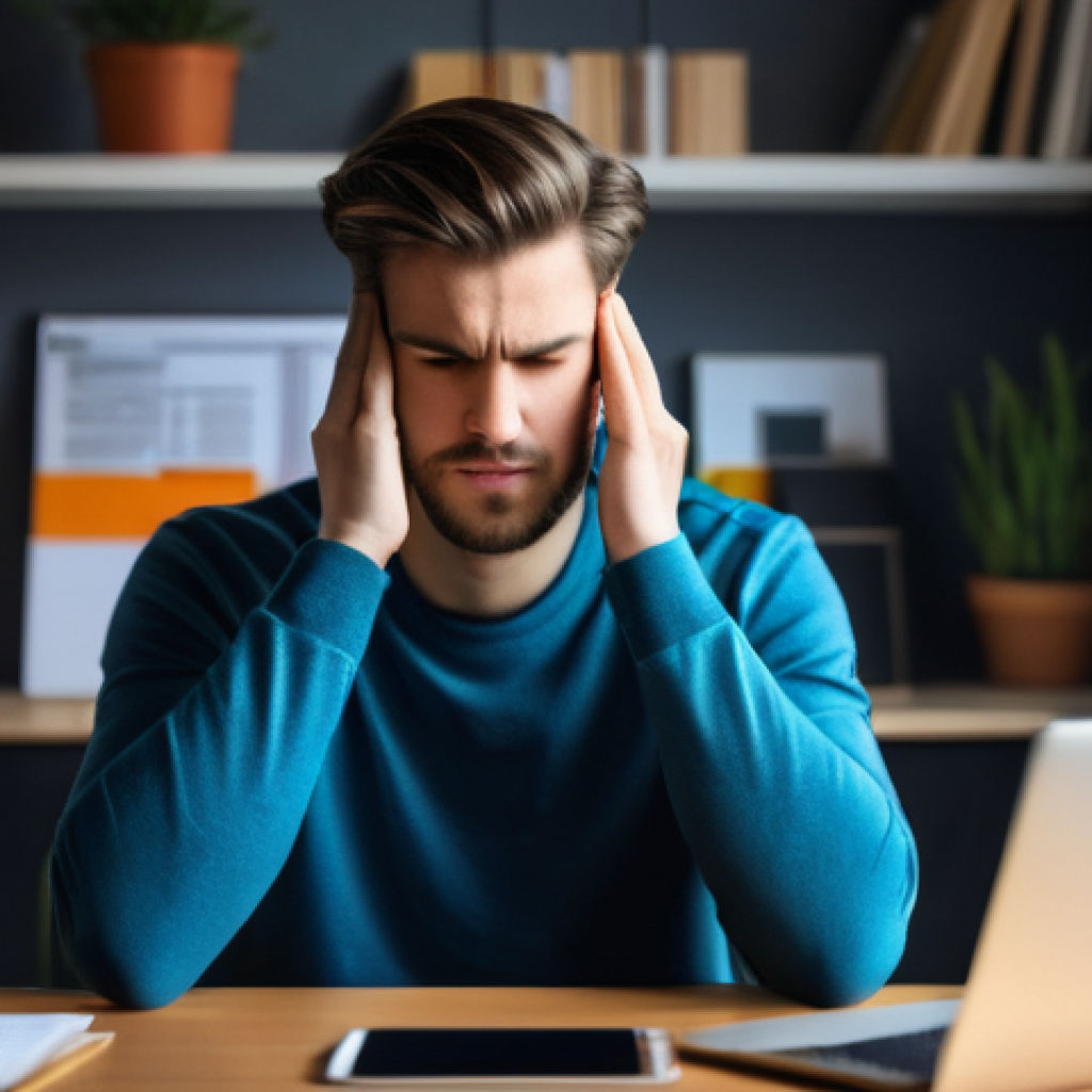 정신건강과 웰빙  기술의 영향 - **Digital Overload and Modern Stress**: A young adult (mid-20s, gender-neutral, fully dressed in mod...