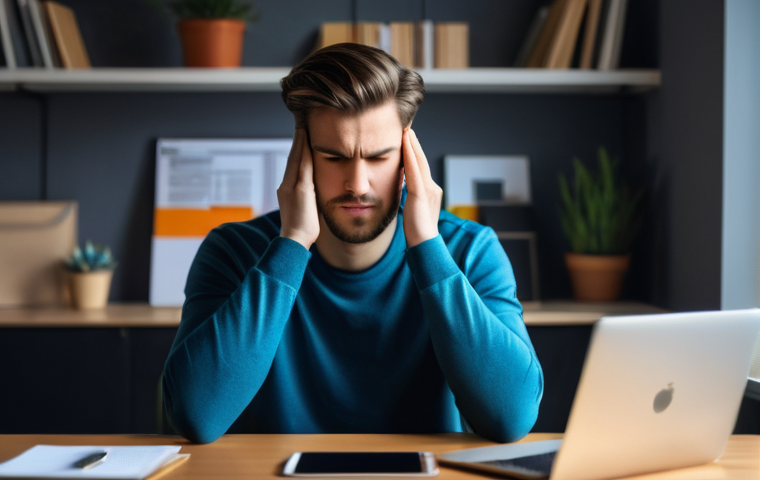 정신건강과 웰빙  기술의 영향 - **Digital Overload and Modern Stress**: A young adult (mid-20s, gender-neutral, fully dressed in mod...