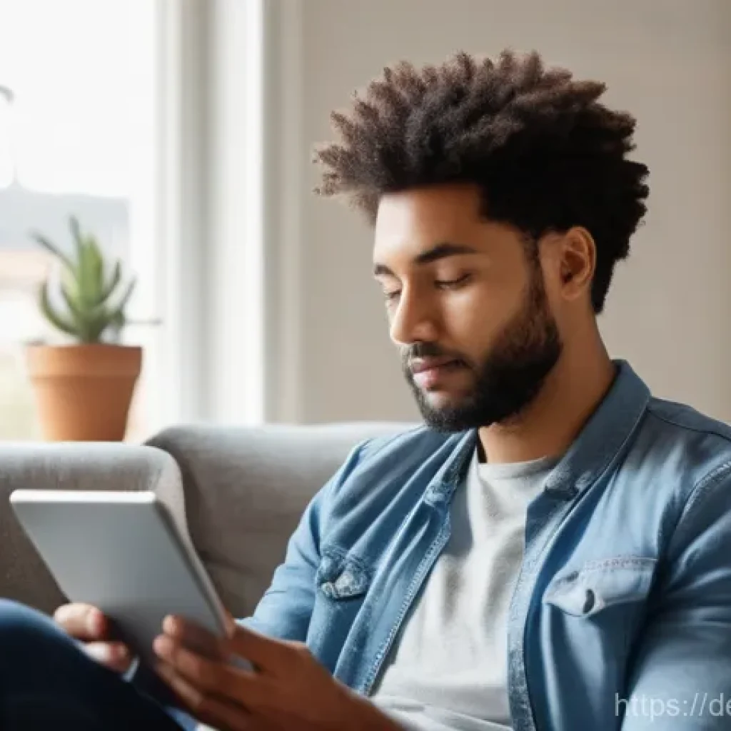 정신건강 콘텐츠 플랫폼 비교 - **Prompt:** A young adult, around 25-35 years old, is comfortably seated on a soft sofa in a well-li...