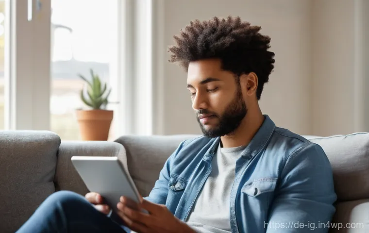 정신건강 콘텐츠 플랫폼 비교 - **Prompt:** A young adult, around 25-35 years old, is comfortably seated on a soft sofa in a well-li...