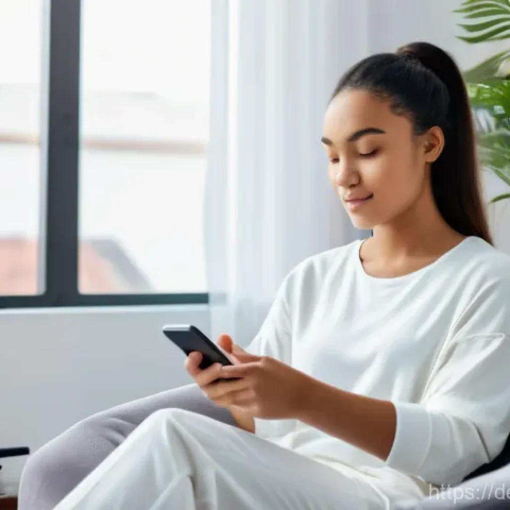 정신건강과 관련된 최신 기술 트렌드 - **Image Prompt: Digital Serenity and Self-Care**
    A young woman (approximately 20-25 years old), ...