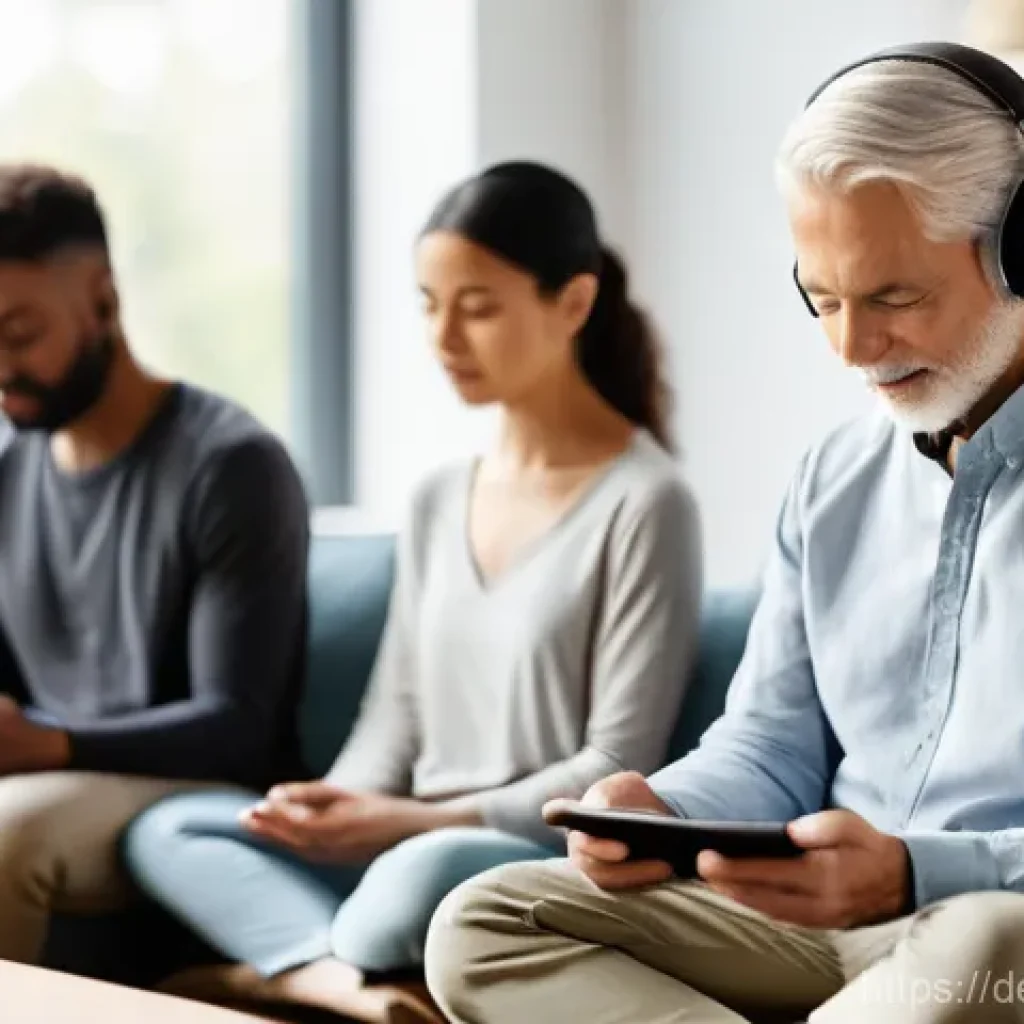 정신건강 테크의 글로벌 사례 비교 - **Prompt:** A diverse group of people of varying ages (e.g., a young adult, a middle-aged profession...