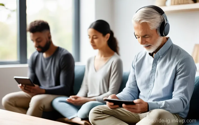 정신건강 테크의 글로벌 사례 비교 - **Prompt:** A diverse group of people of varying ages (e.g., a young adult, a middle-aged profession...