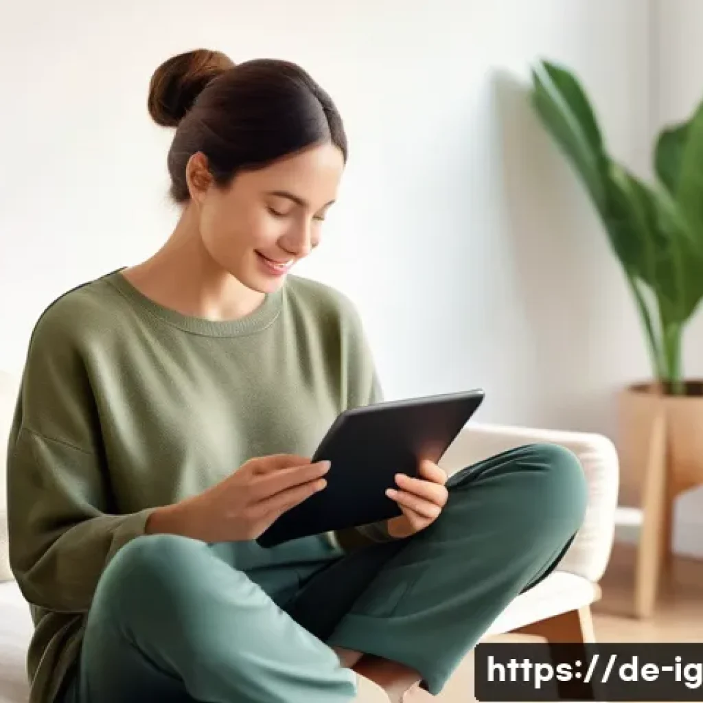 정신건강을 위한 혁신적 앱 개발 과정 - A serene young woman, comfortably dressed in a soft, modest sweater and relaxed trousers, sits in a ...