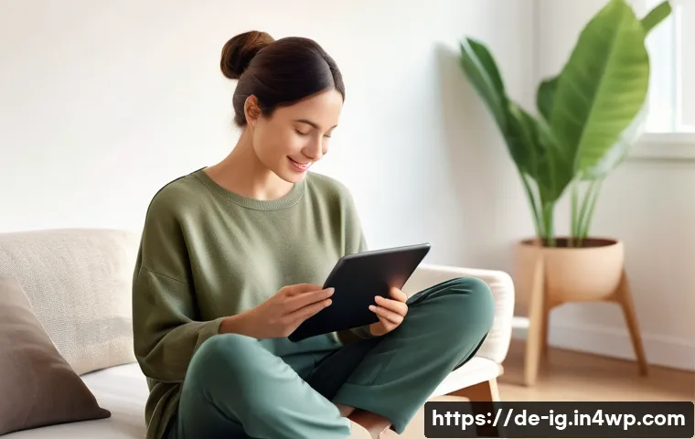 정신건강을 위한 혁신적 앱 개발 과정 - A serene young woman, comfortably dressed in a soft, modest sweater and relaxed trousers, sits in a ...