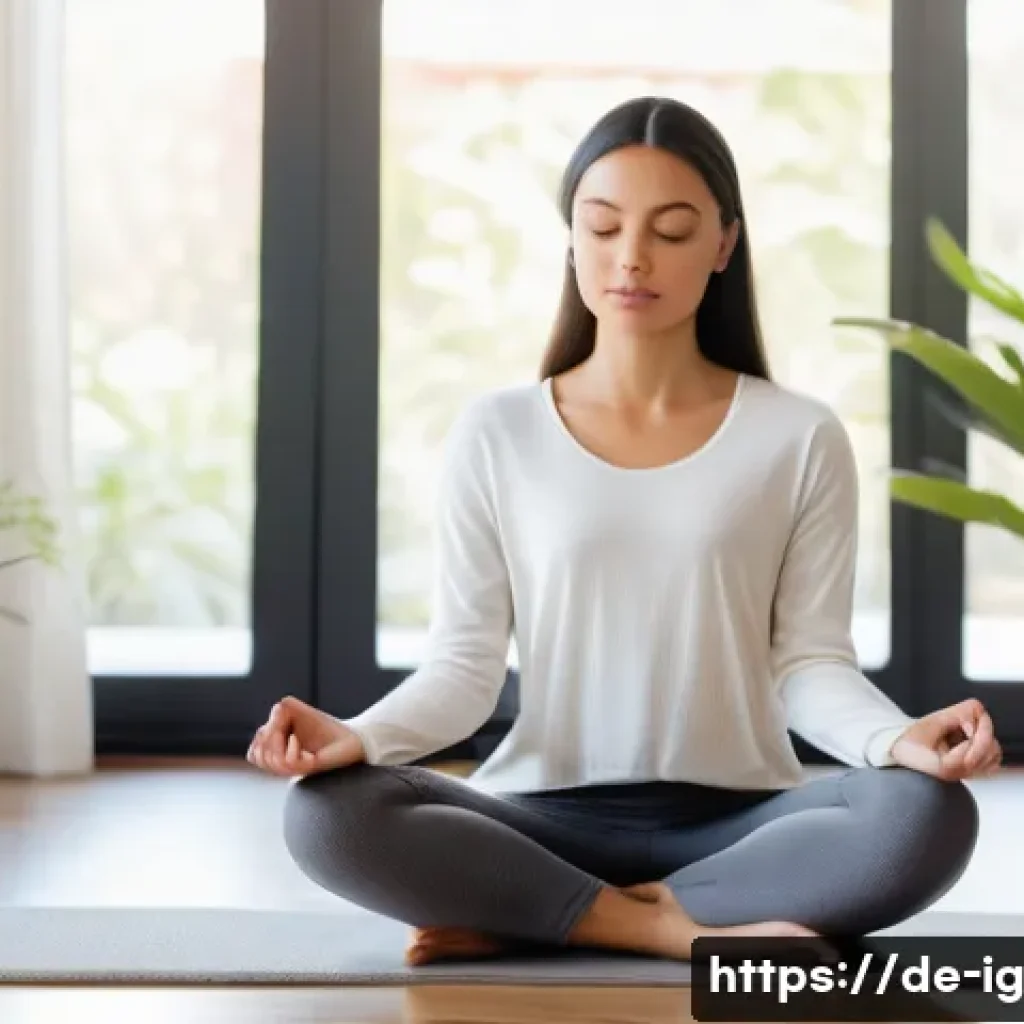 정신건강 테크의 기능 개선 방안 - A serene young woman, mid-20s, with a gentle, calm expression, sits cross-legged on a soft, light-co...