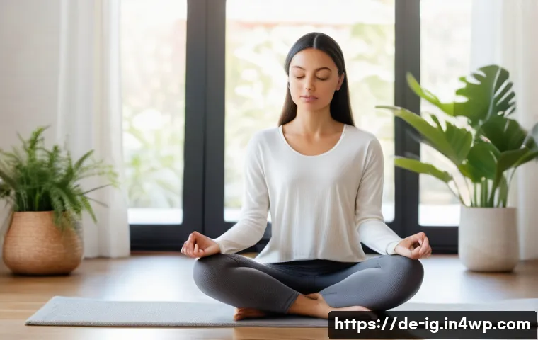 정신건강 테크의 기능 개선 방안 - A serene young woman, mid-20s, with a gentle, calm expression, sits cross-legged on a soft, light-co...