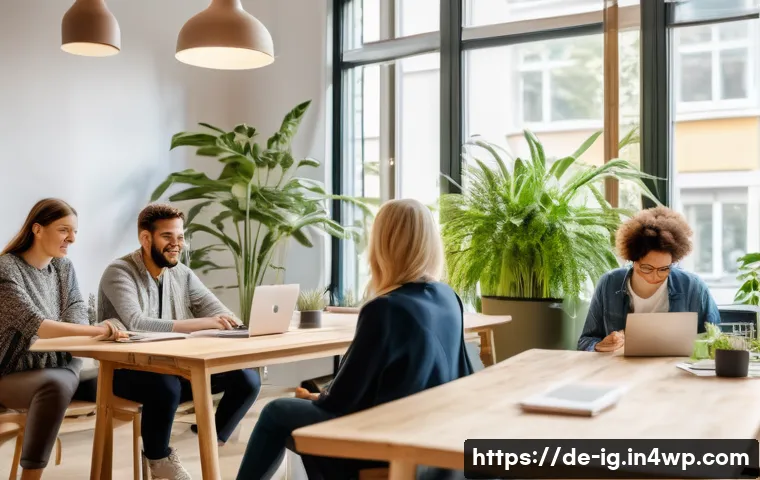 정신건강 테크의 사용자 의견 수렴 방법 - A modern, bright coworking space in Berlin with diverse adult users participating in an interactive ...