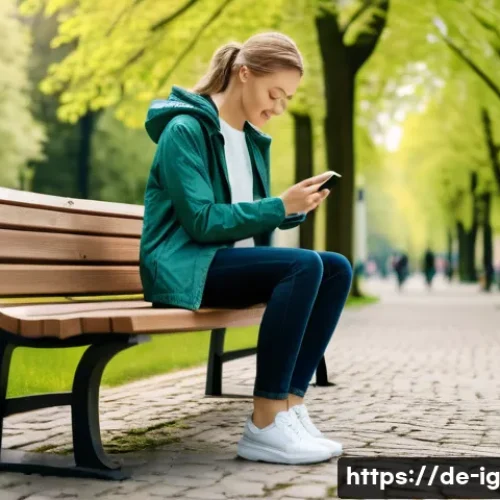 정신건강을 위한 앱 사용 경험 공유 - A serene urban park scene in Germany during a sunny midday, featuring a young adult sitting on a ben...
