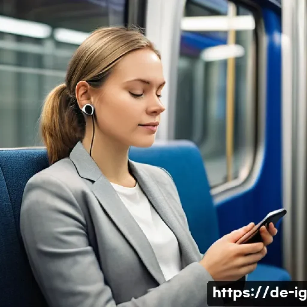 정신건강 관리의 디지털 접근 방식의 발전 - A modern German woman in her 30s sitting comfortably on a Berlin U-Bahn train, using a smartphone ap...