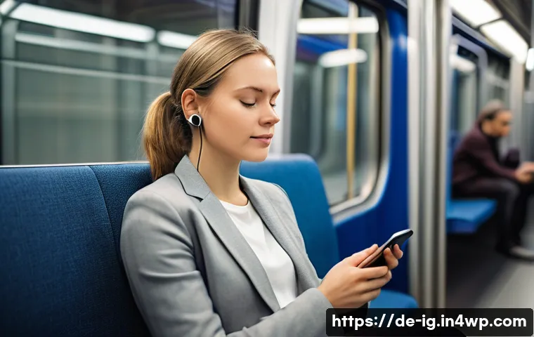 정신건강 관리의 디지털 접근 방식의 발전 - A modern German woman in her 30s sitting comfortably on a Berlin U-Bahn train, using a smartphone ap...