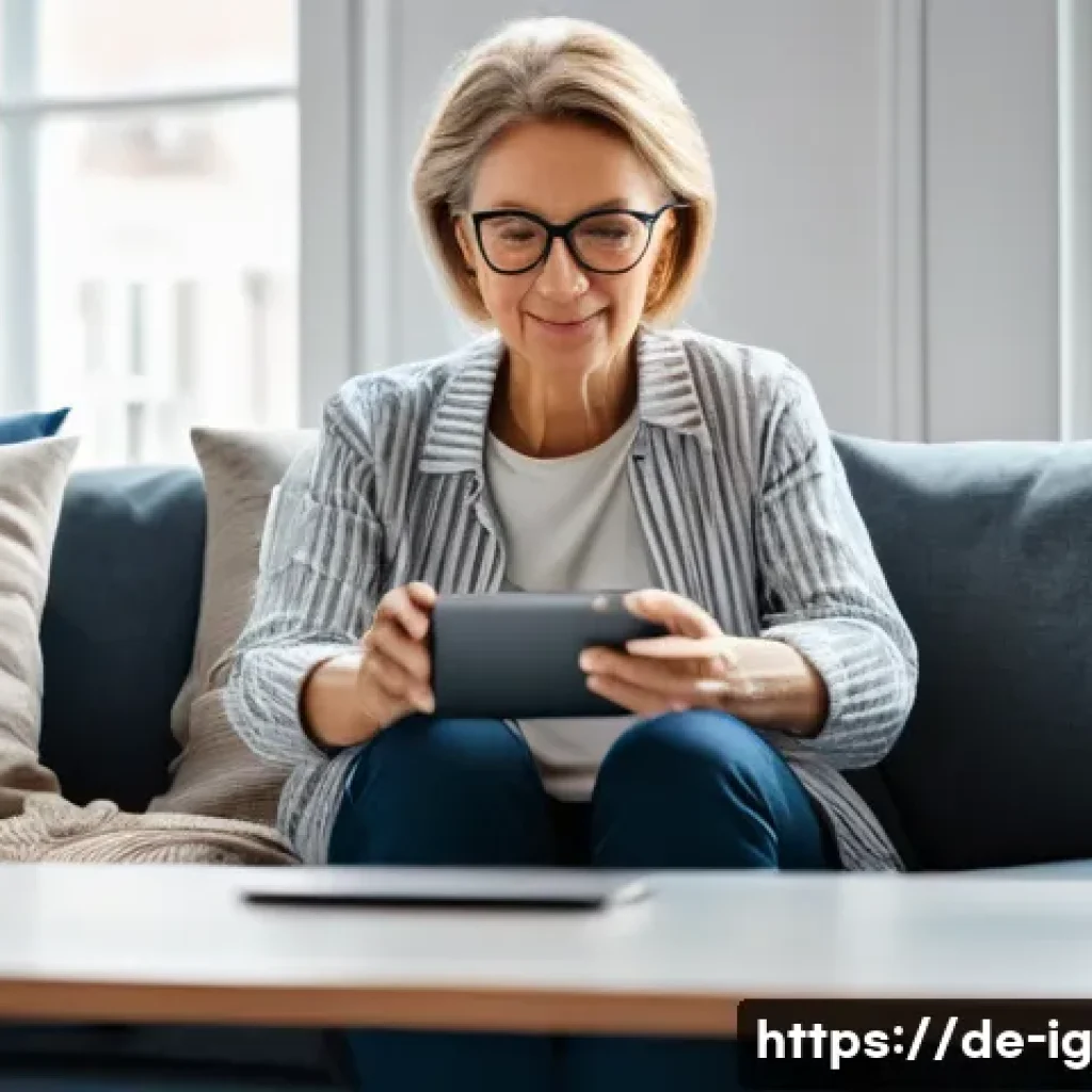 정신건강 테크와 원격 치료의 관계 - A modern, cozy home office scene showing a middle-aged German woman sitting comfortably on a sofa wi...