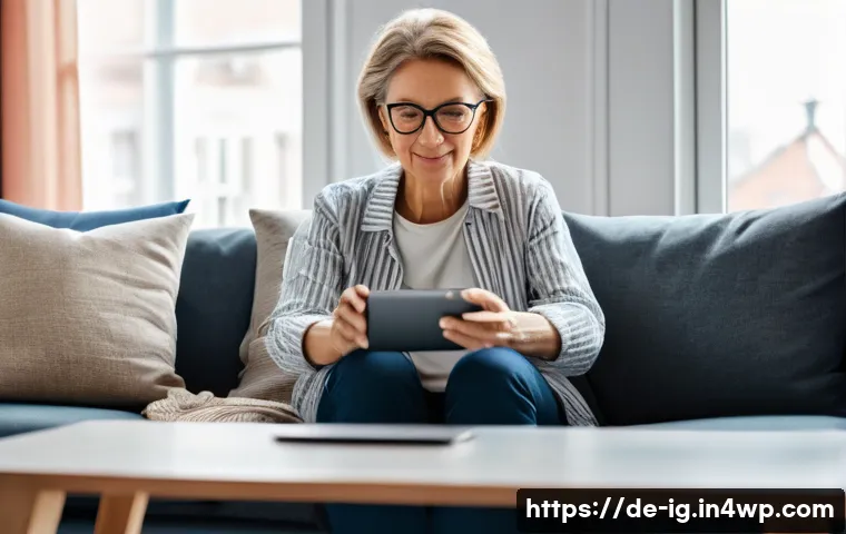 정신건강 테크와 원격 치료의 관계 - A modern, cozy home office scene showing a middle-aged German woman sitting comfortably on a sofa wi...