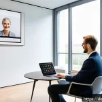 정신건강 테크의 미래 전망 - A modern German psychotherapy clinic room with a therapist using a laptop displaying AI-powered diag...