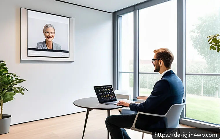 정신건강 테크의 미래 전망 - A modern German psychotherapy clinic room with a therapist using a laptop displaying AI-powered diag...