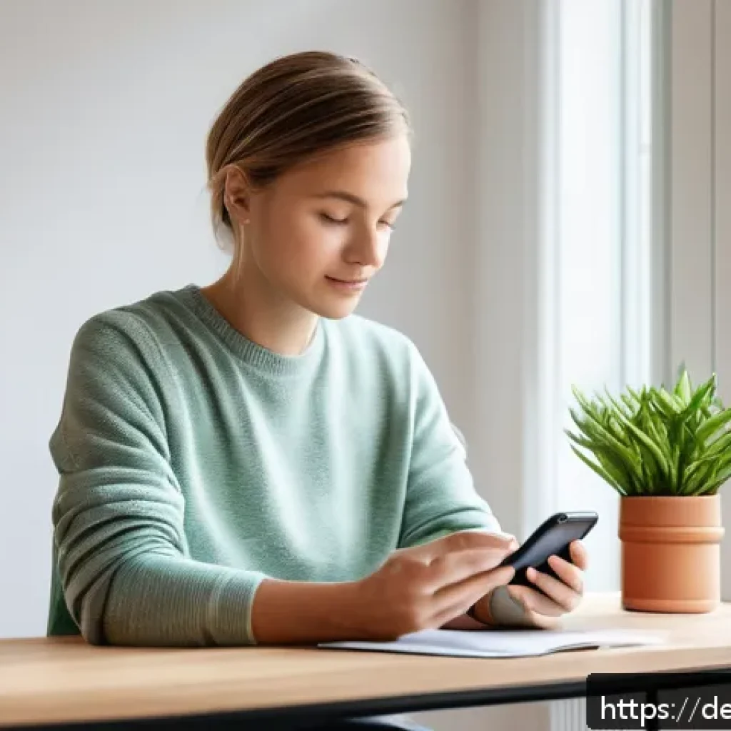 정신건강 관리의 디지털 혁신 사례 연구 - A modern, cozy home office setting in Germany with a young adult using a smartphone app for mental h...