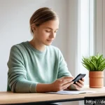 정신건강 관리의 디지털 혁신 사례 연구 - A modern, cozy home office setting in Germany with a young adult using a smartphone app for mental h...