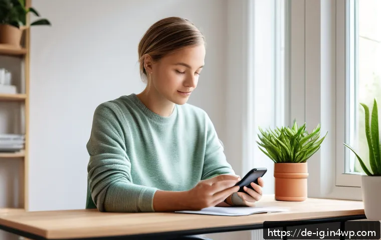 정신건강 관리의 디지털 혁신 사례 연구 - A modern, cozy home office setting in Germany with a young adult using a smartphone app for mental h...