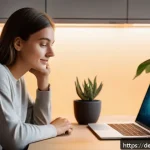 Home 21 정신건강을 위한 챗봇 활용 방법 - A modern German home office scene at night, featuring a young adult woman sitting comfortably with a...