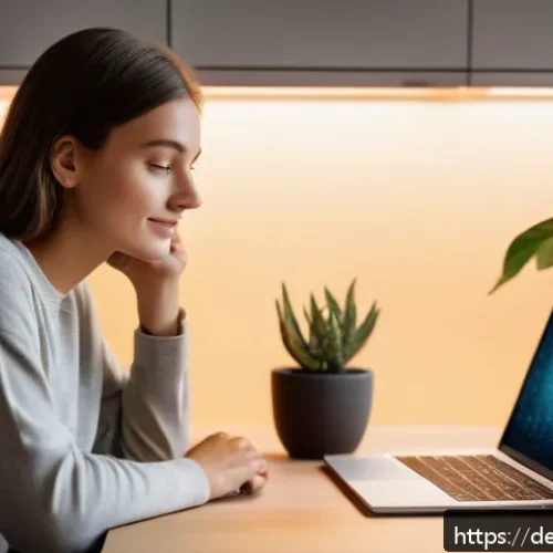 Home 33 정신건강을 위한 챗봇 활용 방법 - A modern German home office scene at night, featuring a young adult woman sitting comfortably with a...