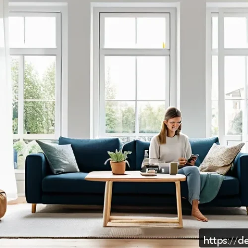 Home 32 정신건강 앱의 사용 성과 및 지표 - A serene and cozy modern living room in a German apartment, with a young adult casually sitting on a...