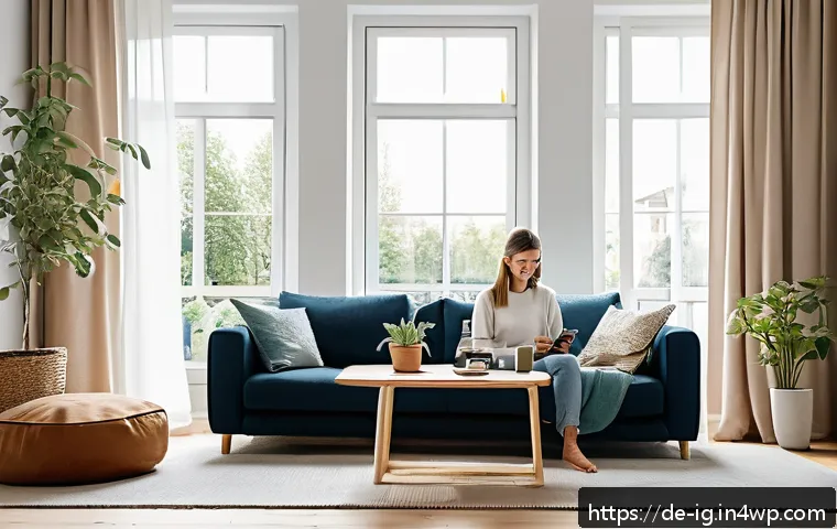 정신건강 앱의 사용 성과 및 지표 - A serene and cozy modern living room in a German apartment, with a young adult casually sitting on a...
