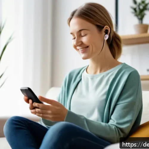 Home 17 정신건강 테크의 기능적 특성 분석 - A modern German woman in her early 30s using a smartphone app for stress management at home, sitting...