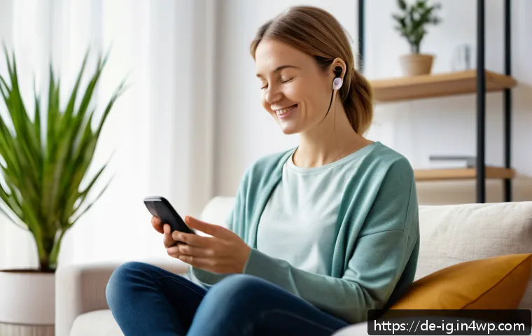 정신건강 테크의 기능적 특성 분석 - A modern German woman in her early 30s using a smartphone app for stress management at home, sitting...