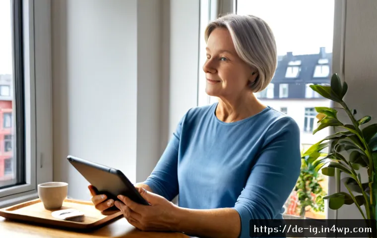 Home 17 정신건강 테크의 사용자 경험 개선 방안 - Photorealistic scene of a middle-aged German woman comfortably using a mental wellness app on a tabl...