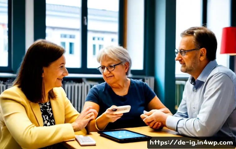 정신건강 테크의 사회적 기여 방안 - Photorealistic community mental health technology workshop in a bright modern German public library,...